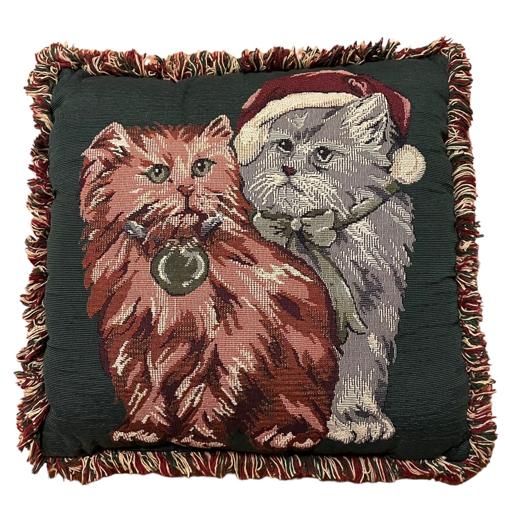 Vintage Christmas Cats Kittens Needlepoint Tapestry Frayed Border Holiday Pillow